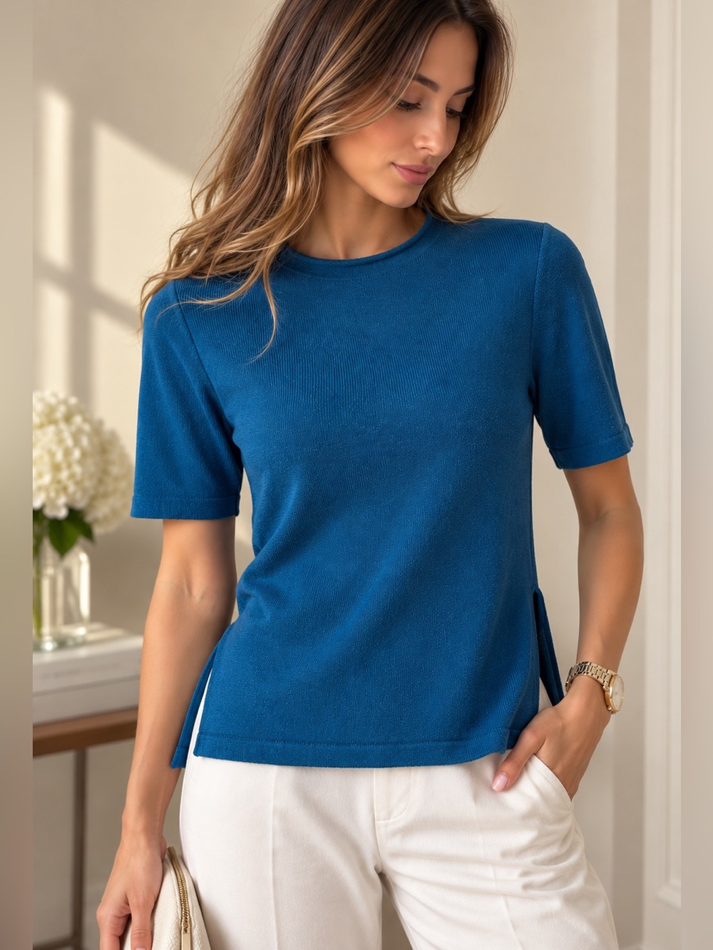 Maeve Anthropologie Blue Knit Short Sleeve Top NWT XS